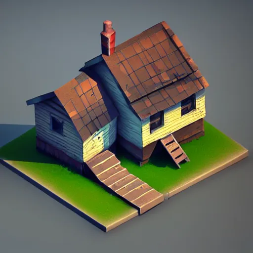 Image similar to isometric 3 d old broken home, low poly, soft render, handpaint texture, blender, 3 dcoat