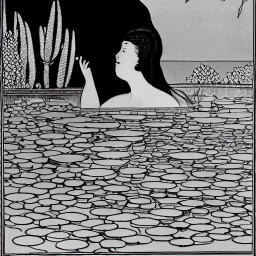 Image similar to A girl bathes in a lake where water lilies are floating, lithography by Aubrey Beardsley, High definition, detailed,