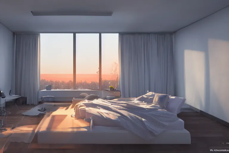 Image similar to a futuristic furnished bedroom with a large window at sunset, godrays, luxury furnish, white bed, complementary colors, warm lighting, path traced, highly detailed, high quality, concept art, 8k, calm, trending on Artstation