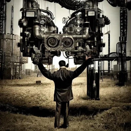 Image similar to a man with engines growing out of his back, man engine, man and machine