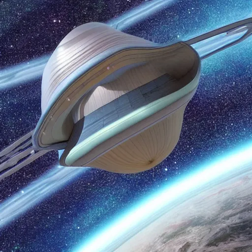 Prompt: space ship in space with alcubierre drive in warp space