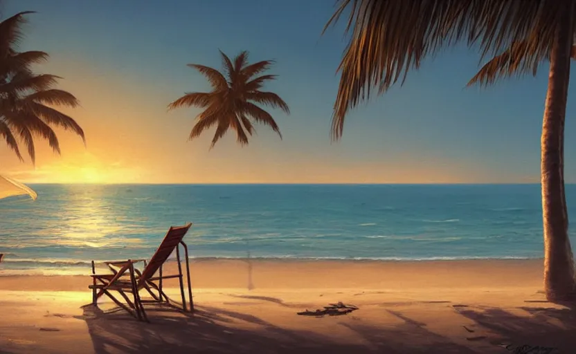 Image similar to painting of a beach chair at sunset with tropical palm trees, natural light, concept art, by greg rutkowski, cozy atmospheric and cinematic lighting