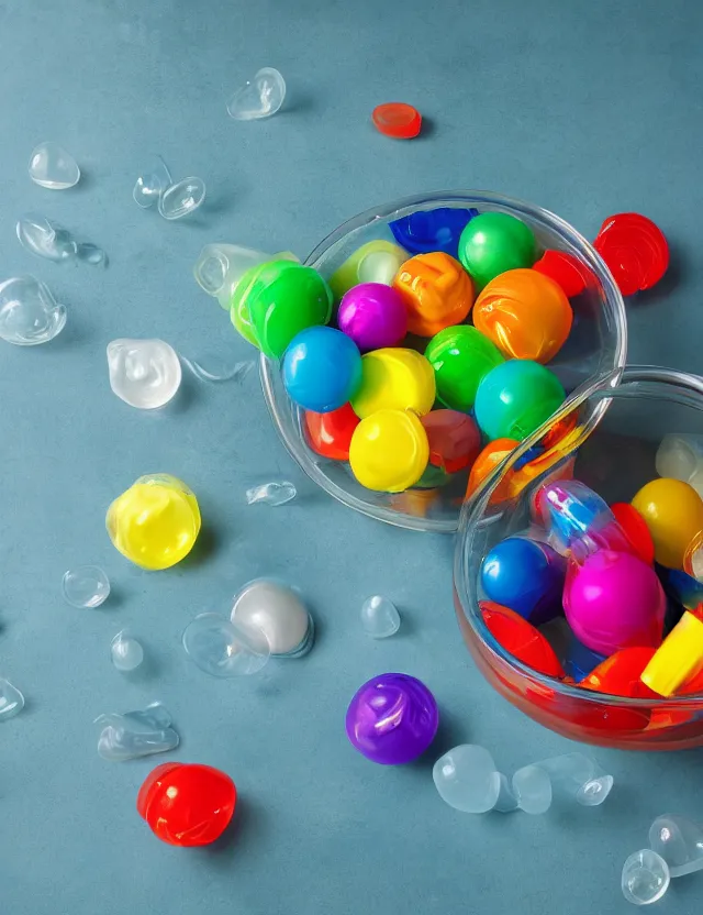 Image similar to a well - lit studio photograph of various plastic toys floating in a bowl of water, some smooth, some wrinkled, some long, various sizes, textures, and transparencies, beautiful, smooth, detailed, inticate