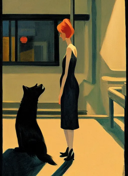 Image similar to woman with a black wolf on the night street by Edward Hopper and James Gilleard, highly detailed