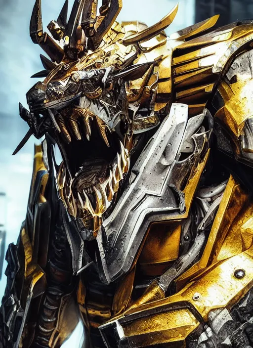 Image similar to hyper realistic glorious ancient wargreymon in a obsidian metal armor, futuristic design, designed by makoto kobayashi and luca zampriolo, portrait, cyberpunk style, wood and gold details, intricate, extremely detailed, ornate, deep of field, hard surface, exoskeleton, substance designer metal unreal engine. human proportion.