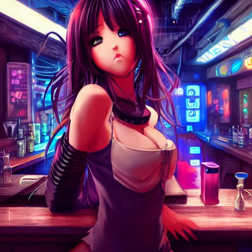 Image similar to Cute Anime Girl in a cyberpunk city bar, fully clothed, beautiful face, fantasy, medieval, vivid colors, elegant, concept art, sharp focus, digital art, Hyper-realistic, 4K, Unreal Engine, Highly Detailed, HD, Dramatic Lighting by Brom, trending on Artstation