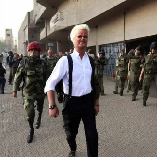 Prompt: geert wilders walking into iraq