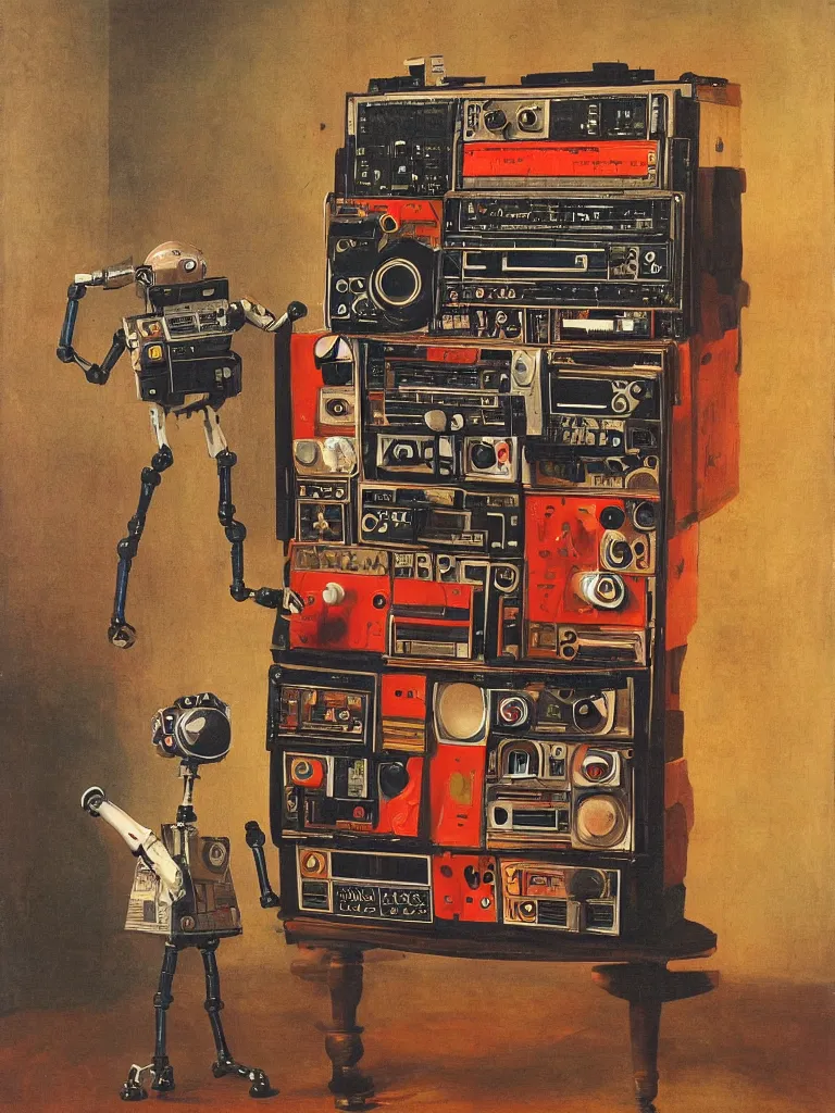 Image similar to allegory painting of an humanoid robot with a ghettoblaster boombox for a head, wooden body, normal body proportions, room lit by candles, red fox