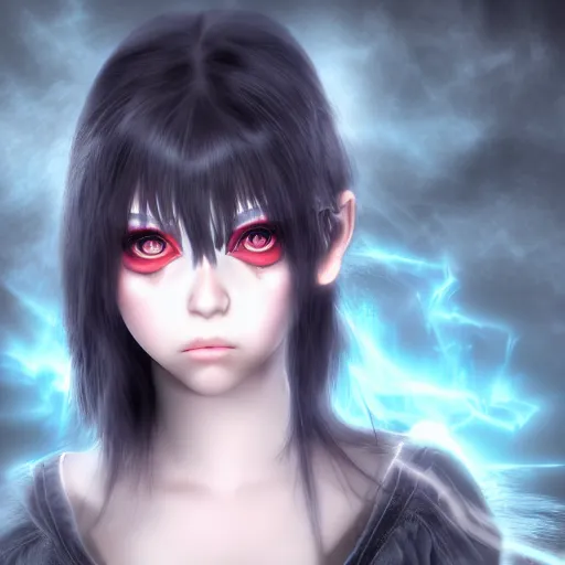 Image similar to photorealistic full shot portrait of angry darkness anime girl, electric aura, beautifull eyes, inspired by tim burton, detailed, unreal engine 4 k, volumetric light, fog