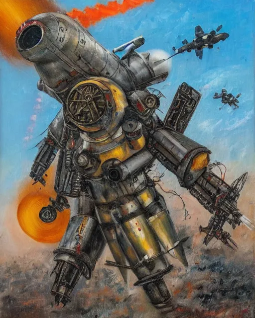 Prompt: sukhoi mech!!! armed with rockets and a minigun, humanoid figure, round machines, oil painting, soviet ( ( ( ( airplane ) ) ) ), tribal yurta, postapocalyptic, sharp focus