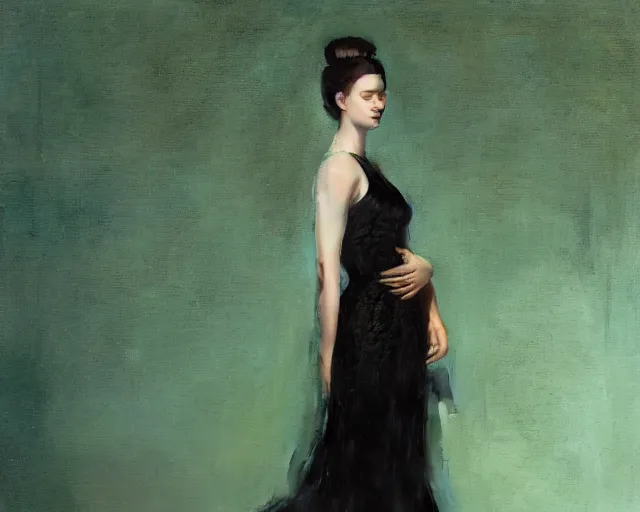 Prompt: a portrait of a young woman wearing a black evening dress made of transparent lace, messy bun hairstyle, delicate face, looking away, cinematic, intricate details and textures, back lighting, epic pose, in front of a blue - green wall, by serge marshennikov, jeremy lipking, joseph todorovitch, artstation