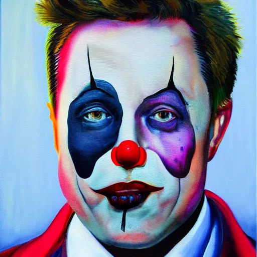 Image similar to oil canvas of elon musk as sad clown