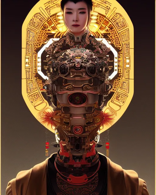 Image similar to portrait of a male cyberpunk machine, machine face, upper half portrait, decorated with chinese opera motifs, asian, fine china, wuxia, traditional chinese art, intricate, elegant, highly detailed, symmetry, headpiece, digital painting, artstation concept art smooth sharp focus, illustration, art by artgerm and greg rutkowski alphonse mucha 8 k