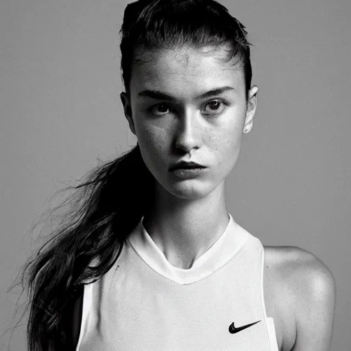 Image similar to realistic! photoshoot for a new nike lookbook, color film photography, portrait of a beautiful woman, in style of alasdair mclellan, 35mm
