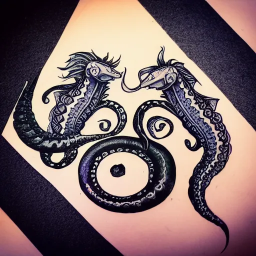 Image similar to a squid and a seahorse. black ink on paper tattoo design. realistic