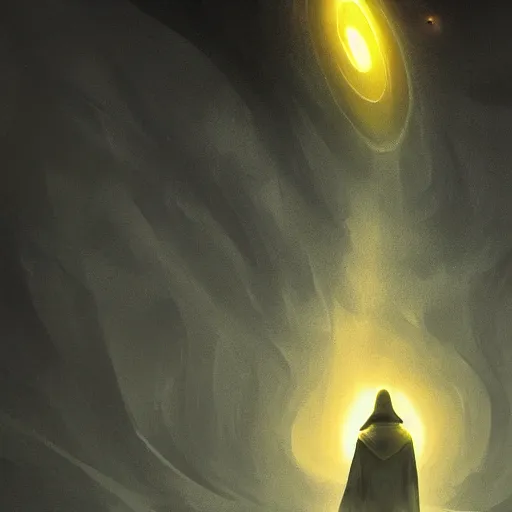 Image similar to award - winning. trending on artstation. 4 k. eerie tone. a figure wearing layered yellow robes standing in front of a black hole in space. dark background. in the style of cedric peyravernay. full - body