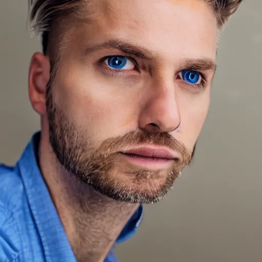 Image similar to close up of face of good looking 4 0 year old slavic blond man with blond stubble, very short wavy blond hair in a short pompadour style, very dark blue eyes, portrait, 4 k