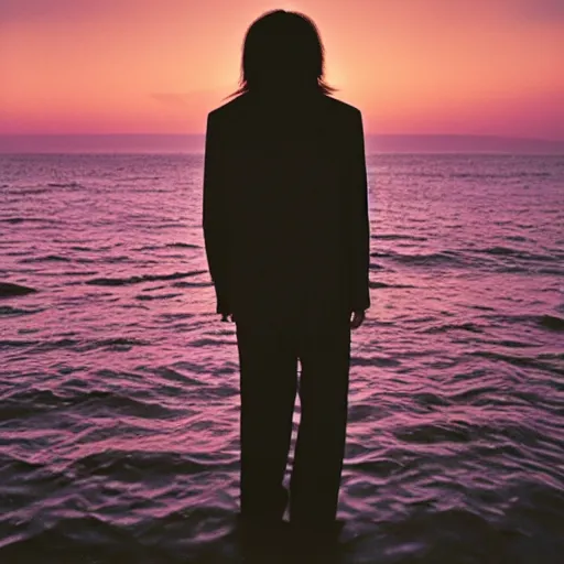 Image similar to japanese man with long hair wearing a beige suit and black pants standing in the ocean, looking at the camera, sunset, night, wide shot, ((tatsuro yamashita)), album cover, 1981, grammy award winning