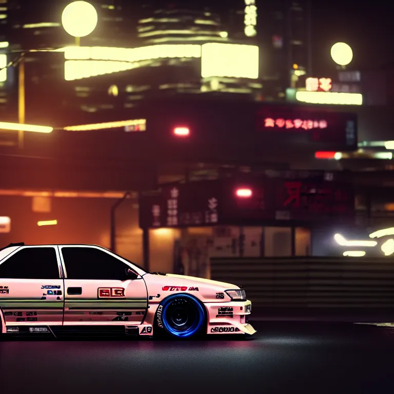 Image similar to Toyota JZX100 Drift, detailed-wheels, Shibuya prefecture, cinematic lighting, photorealistic, night photography, octane render