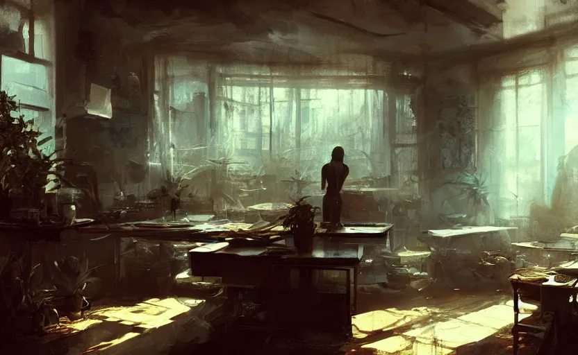 Prompt: a stylish artist studio interior, messy, many plants, drafting table, easel, painting by Craig Mullins, octane rendering, warm moody lighting, wide angle lens, low view, in the style of blade runner, trending on artstation,