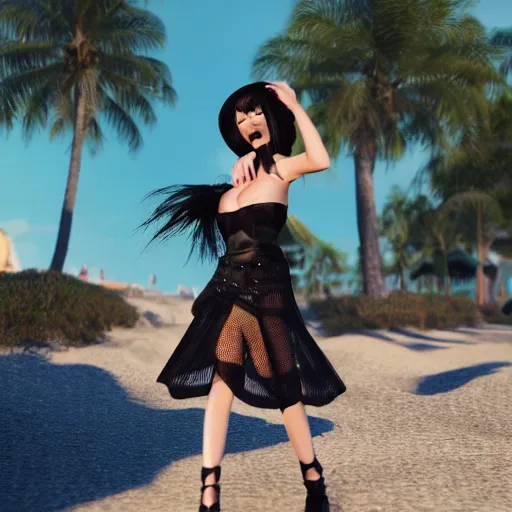 Image similar to unreal engine ue 4 high detail render of a well developed goth girl with brunette hair and bangs, a black tube top, a tiny blue skirt, fishnets, and a large black gothic sunhat at the beach disney style 4 k