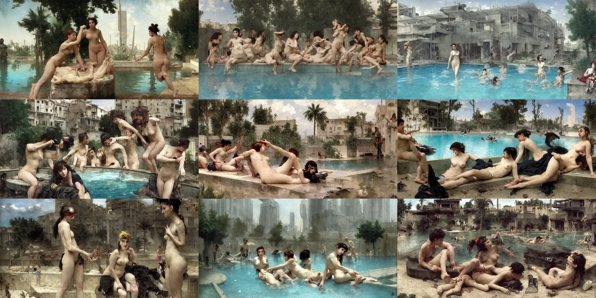 Prompt: boopaes by a swimming pool in post-apocalyptic urban environment, very detailed, art by Bouguereau