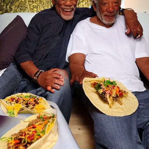 Image similar to morgan freeman laying on the bed eating tacos with raven on his side