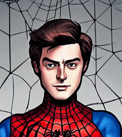 Image similar to very handsome peter parker with his spider suit removed to his waist, looking seductive, digital art, realistic