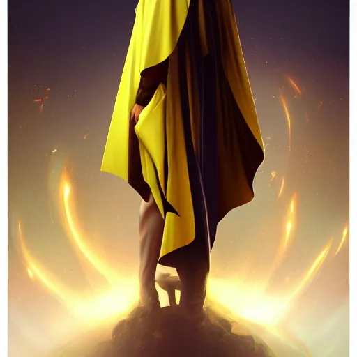 Prompt: award - winning. trending on artstation. 4 k. expressive. a figure wearing layered yellow robes while a black hole floats in space behind them. dark background. in the style of victor antonov