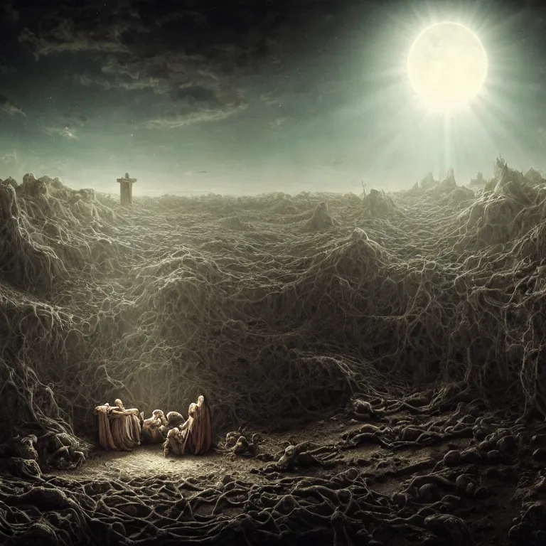 Image similar to ribbed abandoned Nativity of Jesus scene on exoplanet, baroque painting, standing in a desolate empty wasteland, creepy, nightmare, dream-like heavy atmosphere, surreal abandoned buildings, beautiful detailed intricate insanely detailed octane render trending on Artstation, 8K artistic photography, photorealistic, chiaroscuro, Raphael, Caravaggio, Beksinski, Giger