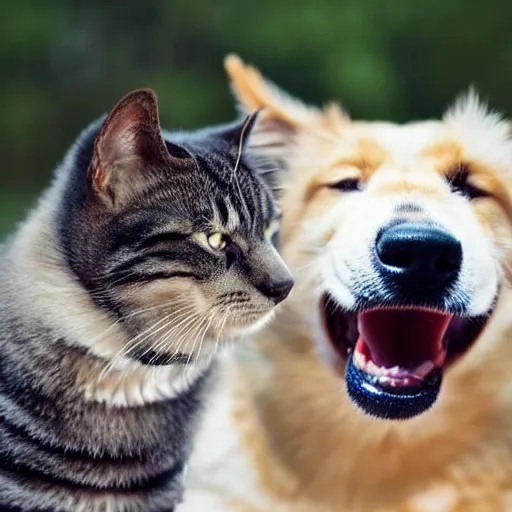 Prompt: angry dog arguing with a careless cat