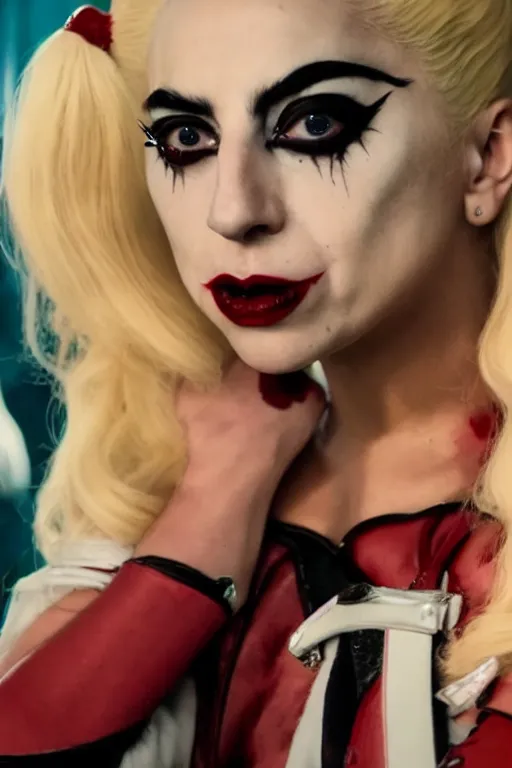 Image similar to film still of Lady Gaga as Harley Quinn in American Horror Story, 4k