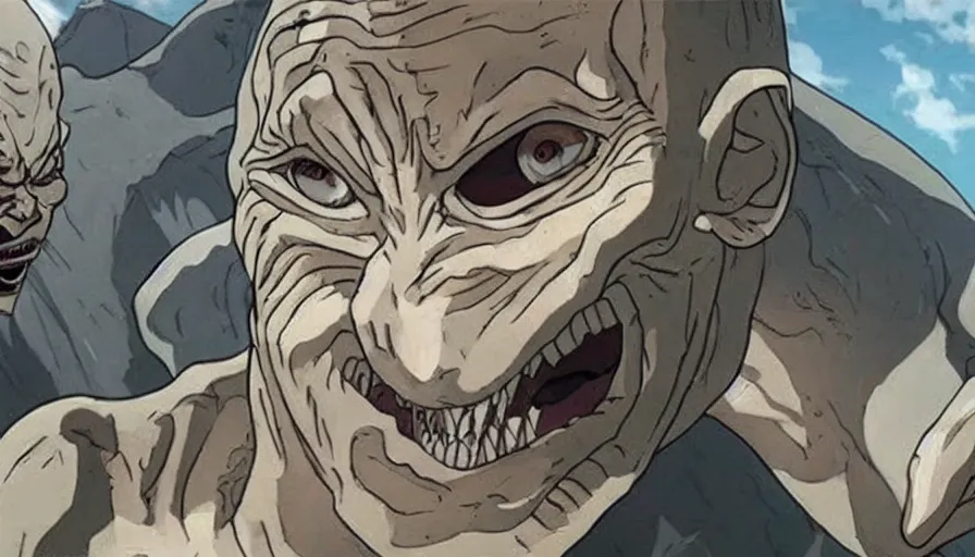 Prompt: gollum as a titan, attack on titan, cnn news footage taken from above.