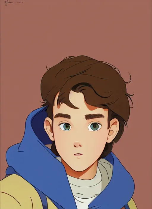 Image similar to teen boy with brown hair and big blue eyes, wearing a hoodie, natural lighting, path traced, highly detailed, high quality, cartoon, digital painting, by don bluth and ross tran and studio ghibli and alphonse mucha