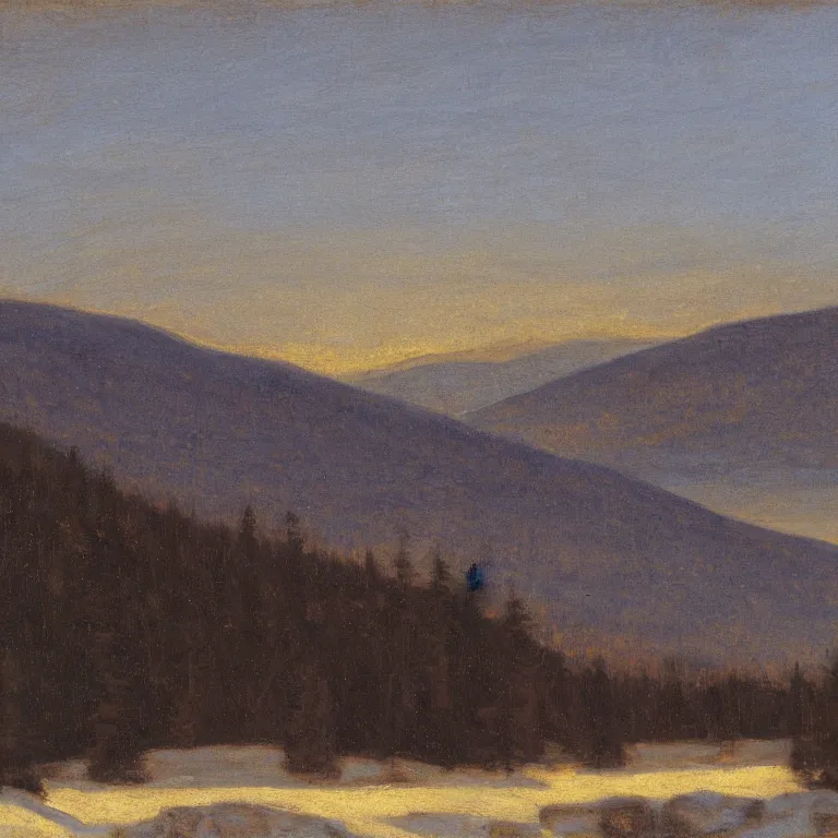 Image similar to new hampshire, mountains, winter, night, luminous, admiral blue palette, abbott handerson thayer, glaze oil painting