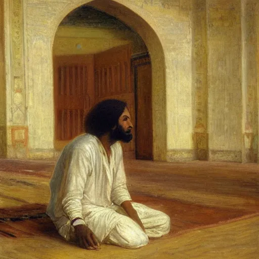 Image similar to a man with somali facial features, long curly hair, on a simple background, inside a masjid, by frederick arthur bridgman