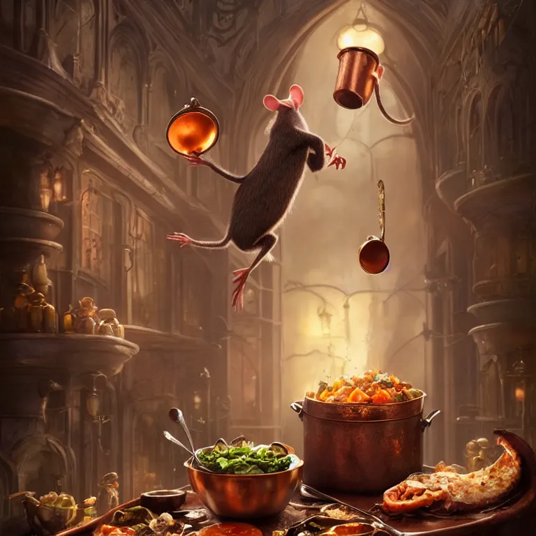 Image similar to beautiful cinematic fantasy poster the rat from ratatouille dramatically tossing food into a copper pot of soup, wideshot ultrawide angle epic scale, hybrid from The Elden Ring and art direction by Darius Zawadzki ;by artgerm; wayne reynolds art station; cinematic quality character render; low angle; ultra high quality model; production quality cinema model;