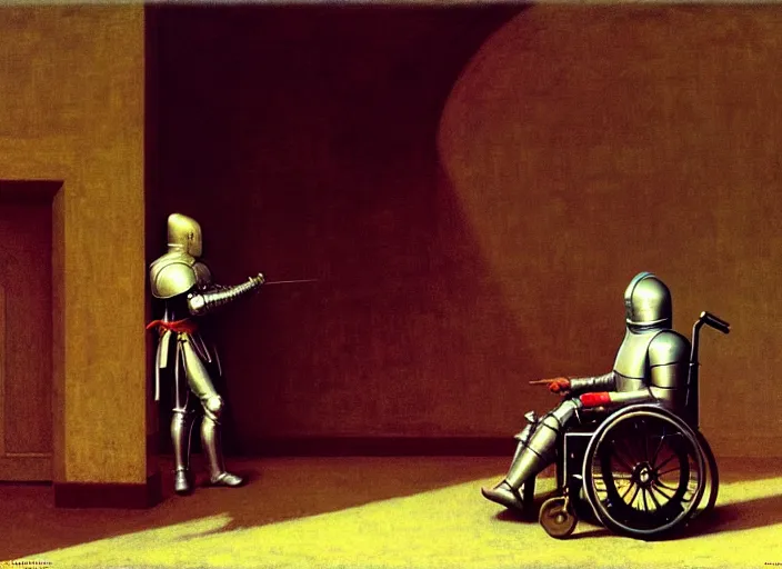 Image similar to knight in rich armor in a wheelchair do tricks & watch old tv, rome, highly detailed, soft lighting, elegant, by edward hopper and james gillard, zdislaw beksinski, stephen outram, andreas m wiese, carl spitzweg, highly detailed, masterpiece, unreal 6, 8 k