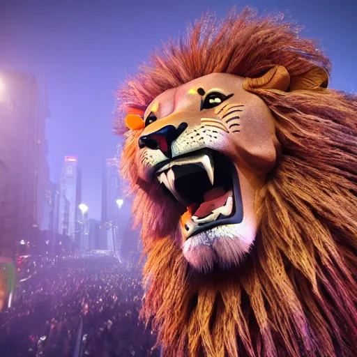 Prompt: scene of an anthropomorphic lion at a protest movement exquisite detail lion in hippie clothes, Streetwear, hippie fashion, protest movement, trending on artstation, bokeh, incredible detail, Graeme Base, 8k detail, gi, global illumination, physically based rendering, photoreal, small details, intricate complexity