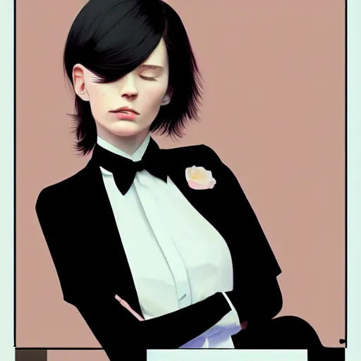 Image similar to young female in black tuxedo, scornful, disdainful, muted colors, matte print, pastel colors, 2d, ultra highly detailed, smooth, sharp focus, digital art, digital painting, fan art, elegant, artstation, head is centered, by Ilya Kuvshinov