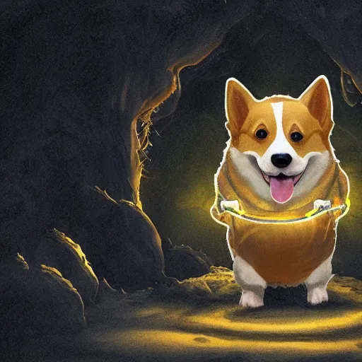 Image similar to a corgi as an eldritch horror, deep in a cave, only the face of the corgi illuminated by a torch, realistic creepy