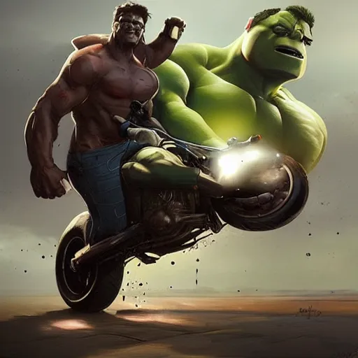 Prompt: A rabbit with the body of the Hulk and with a motorcycle by his side, Greg rutkowski, trend in artstation, cinematographic