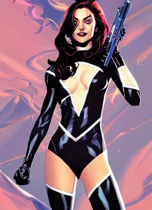 Image similar to Rafeal Albuquerque comic art, Joshua Middleton comic art, pretty female pale skin Phoebe Tonkin as Domino superhero marvel comics, black spot over left eye, fun smile, full body x-force outfit, long wavy black hair:: sunny weather::