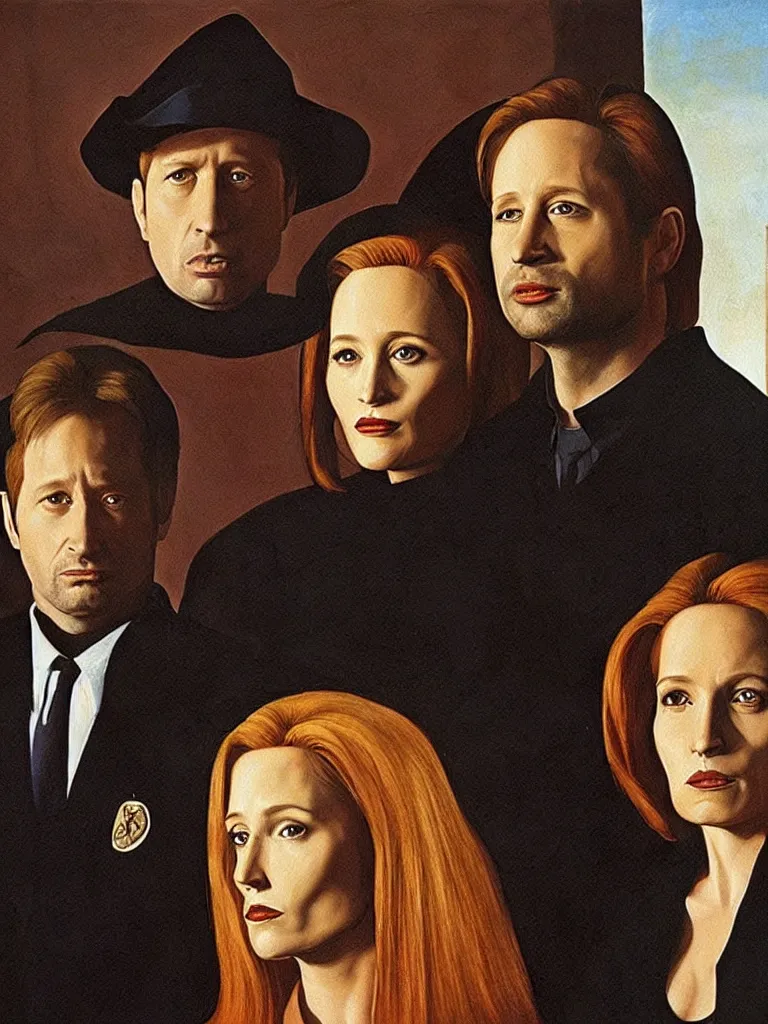 Prompt: mulder and scully from x - ´ files painted in the arnolfini portrait from jan van eyck, also a dachshund appears in the scene