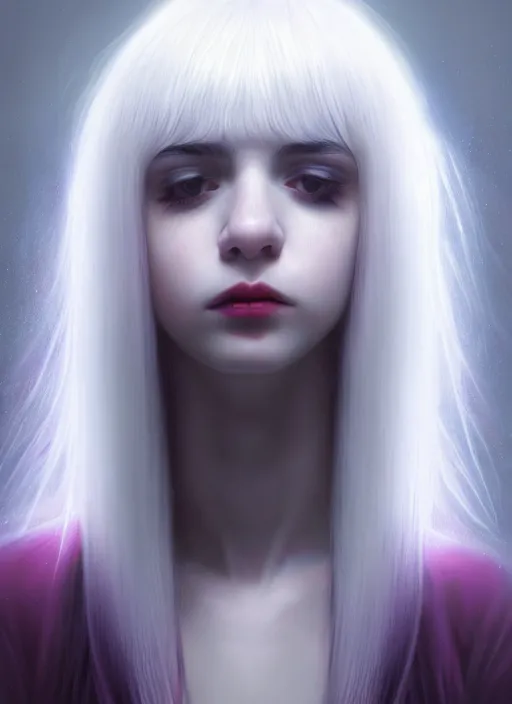 Image similar to hair whitebangs hair, black hair, whitebangs, portrait of teenage girl with white bangs, red irises, purple clothes, white bangs, bangs are different color from hair, intricate, elegant, glowing lights, highly detailed, digital painting, artstation, concept art, smooth, sharp focus, illustration, art by wlop, mars ravelo and greg rutkowski