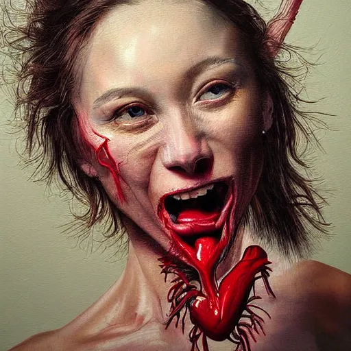 Prompt: hyper - detailed painting of a woman ripping out her heart!