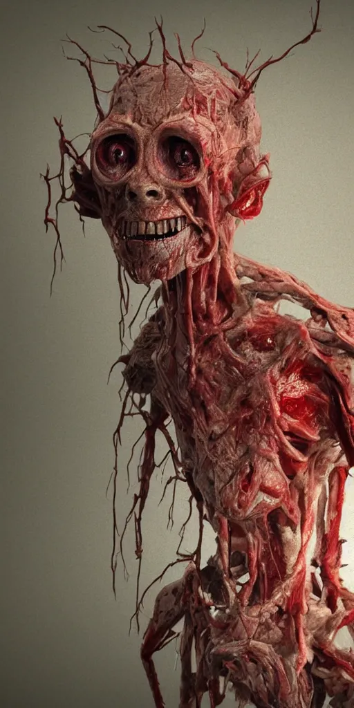 Image similar to looking through the window smiling photorealistic ultra detailed humanoid creature made of decomposed bloody flesh and bones, night, the woods, extremly detailed, 8 k, realistic, sharp focus, cosmic horror creature, cosmic horror, from the movie the thing, mysterious creature, bloody eyes, big eyes