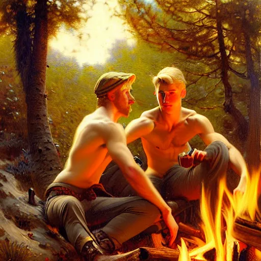 Prompt: attractive blonde male and attractive brunet male, in the woods near the fire. highly detailed painting by gaston bussiere, craig mullins, j. c. leyendecker 8 k