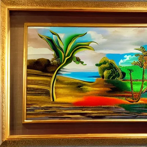 Prompt: a framed painting of a beautiful salvador dali tropical landscape