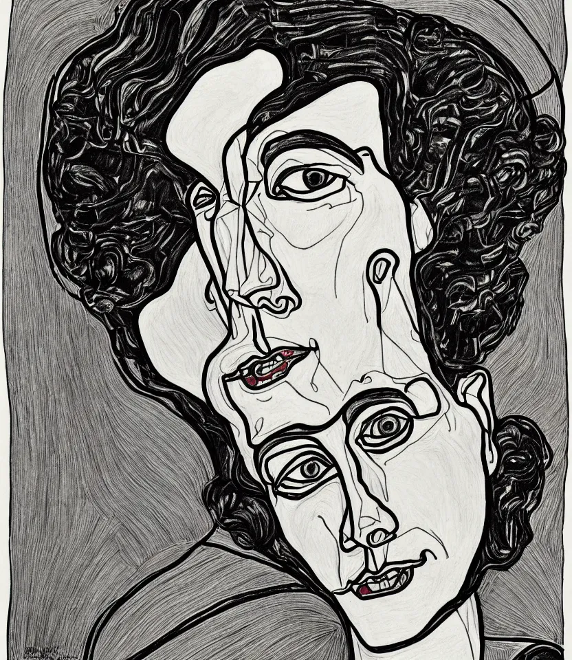 Image similar to detailed line art portrait of margaret bourke - white, inspired by egon schiele. caricatural, minimalist, bold contour lines, musicality, soft twirls curls and curves, confident personality, raw emotion